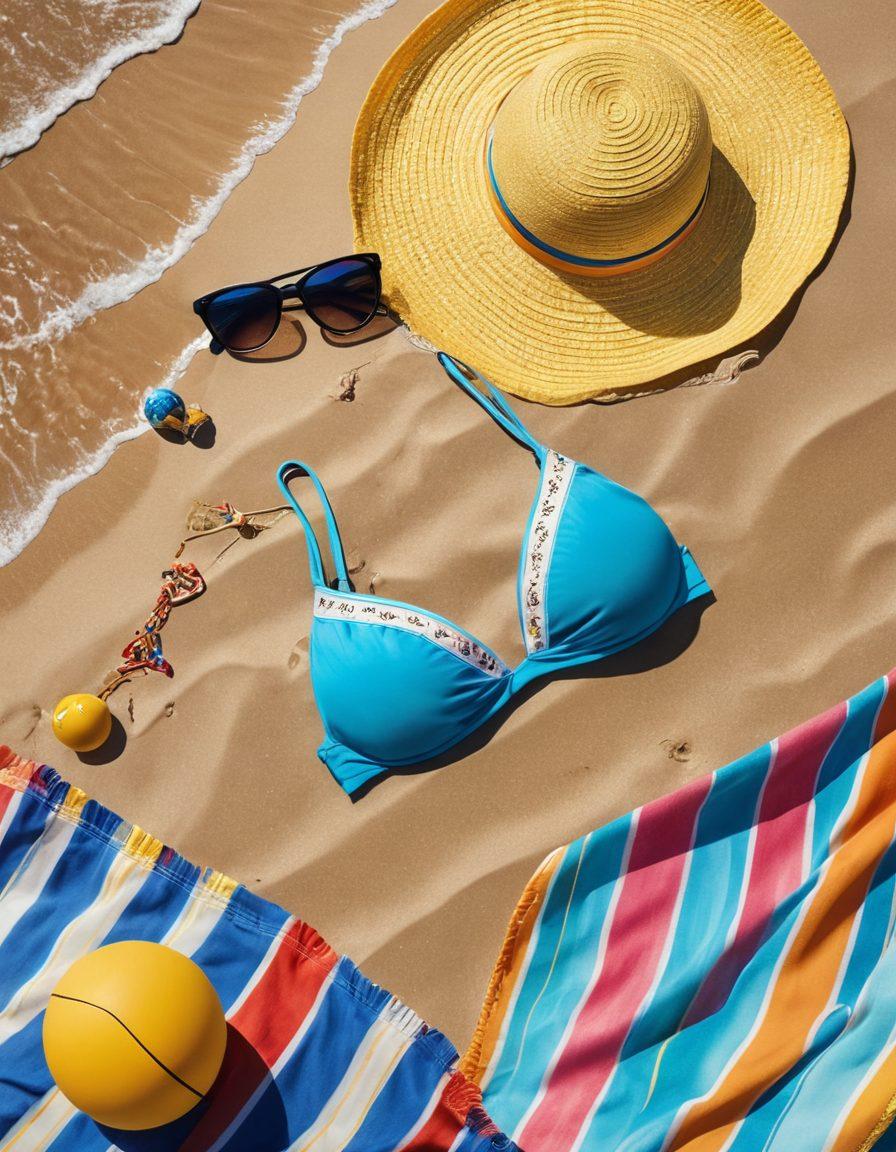 A vibrant summer scene showcasing a beautifully arranged beach setup featuring stylish bikini tops, elegant cover-ups, and chic accessories like sun hats and sunglasses. The background displays a sparkling ocean and golden sandy beach, with colorful beach towels and beach balls adding to the lively atmosphere. Add a splash of sun and playful waves to create an inviting summer vibe. super-realistic. vibrant colors. bright blue sky.