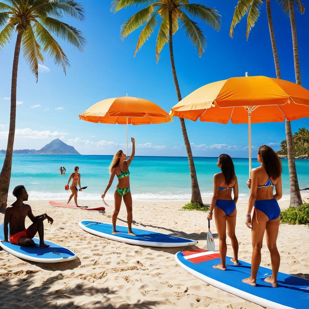 A dynamic beach scene featuring a diverse group of individuals engaging in various outdoor activities like volleyball and paddleboarding, all dressed in stylish, vibrant swimwear. The sun is shining, with clear blue skies and cheerful beach umbrellas in the background, symbolizing a fun, active lifestyle. Include elements of nature, such as palm trees and gentle waves, to enhance the adventurous vibe. super-realistic. vibrant colors. bright background.