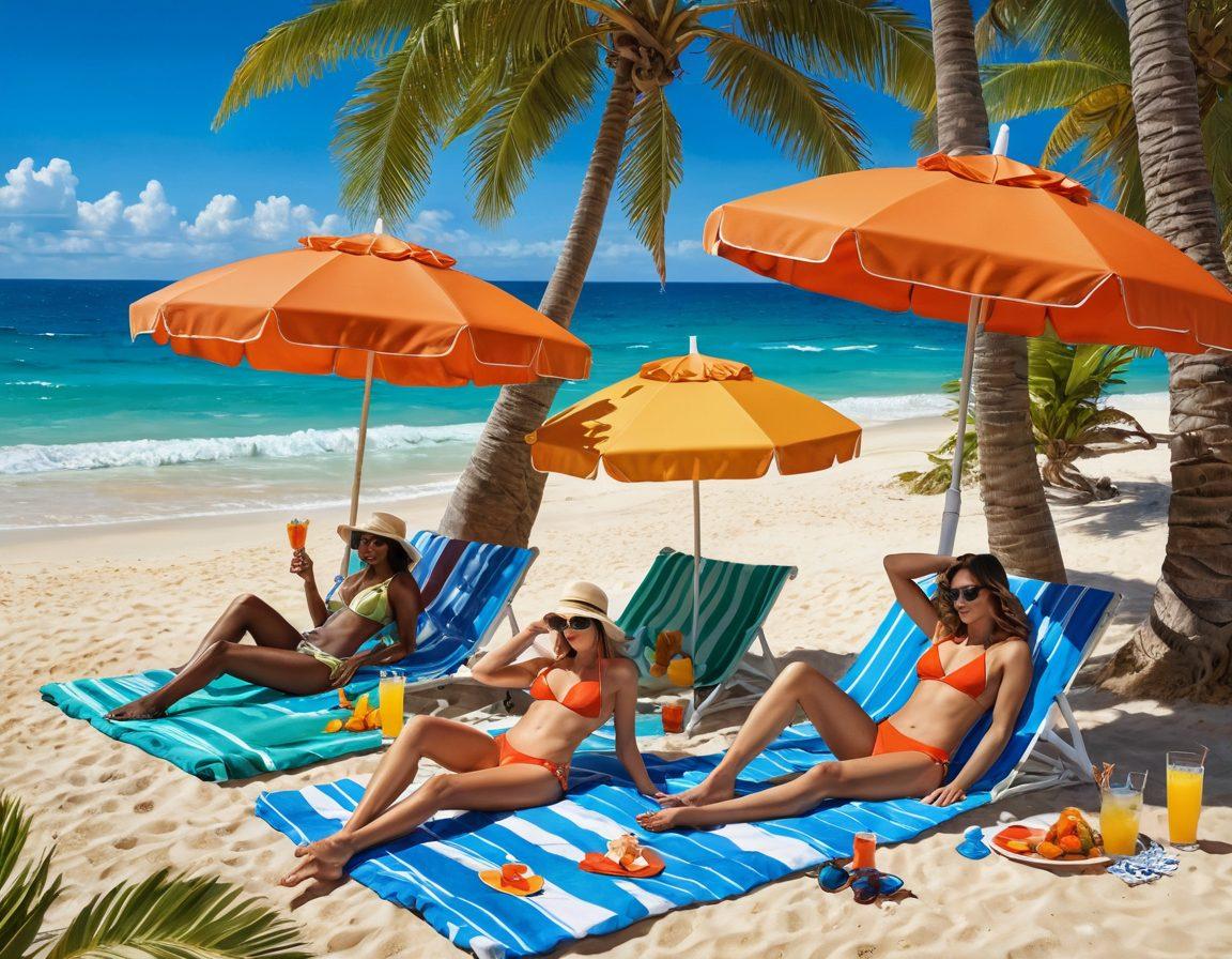 A sun-soaked beach scene with diverse individuals in stylish thong swimsuits, lounging on colorful beach towels and sipping tropical drinks. Include playful beach accessories like sunglasses, sun hats, and flip-flops. Capture vibrant beach umbrellas and palm trees swaying in the breeze as a backdrop, evoking a lively summer atmosphere. super-realistic. vibrant colors. warm sunlight.